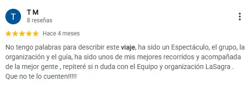Opinión de cliente en Google sobre su experiencia con los viajes organizados de La Sagra Turismo.